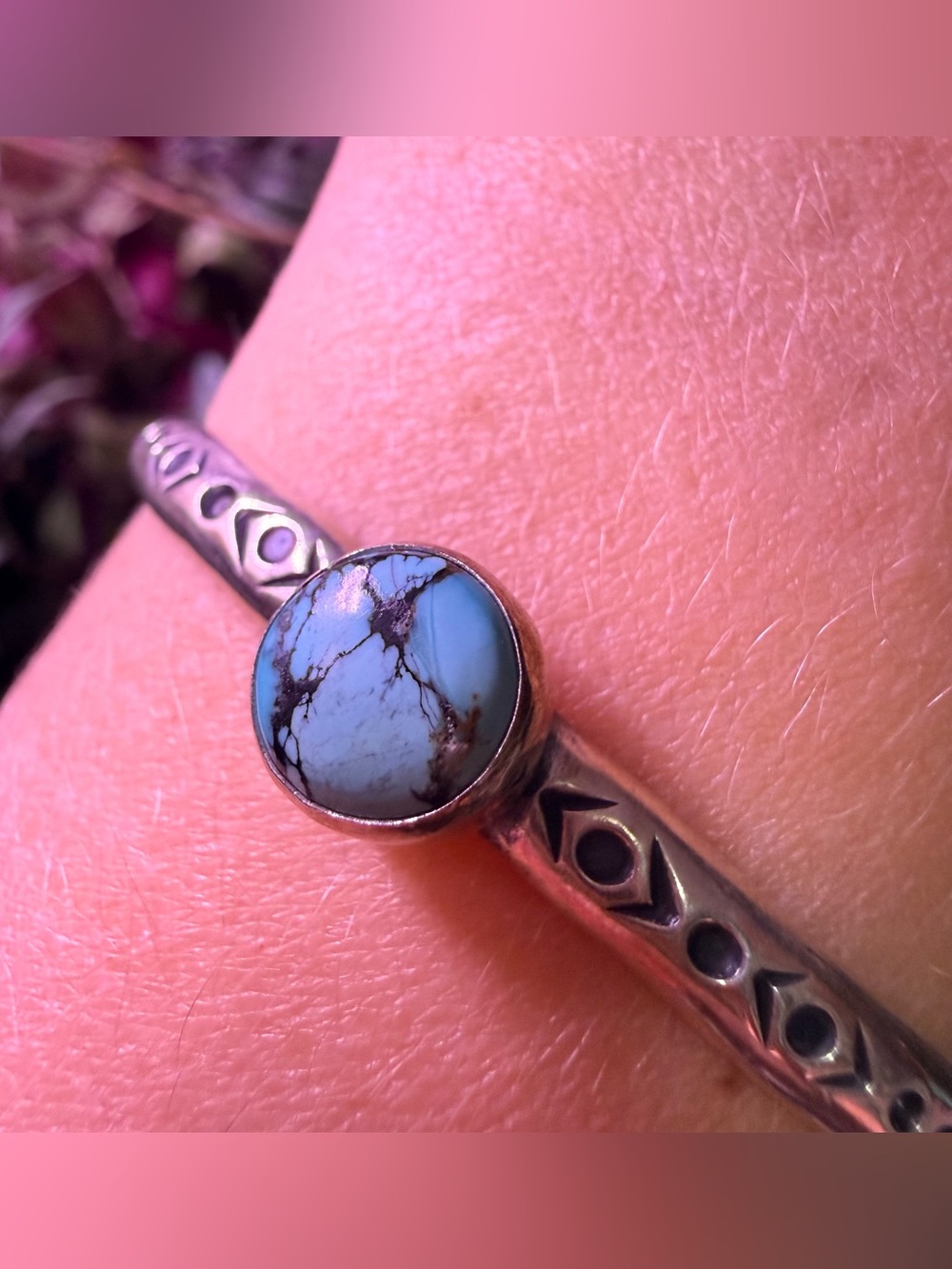 Vintage Sterling Silver Blue Cabochon Cuff Bracelet Hand Stamped Southwestern Ar